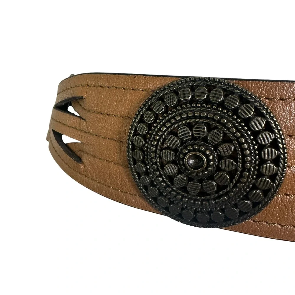 Chico's‎ Brown Leather Medallion Statement Belt Bronze Ornate Boho Wide NEW